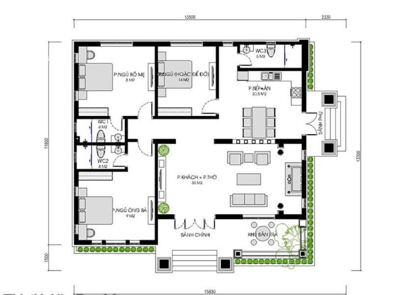 thiết kế nhà vườn 3 phòng ngủ