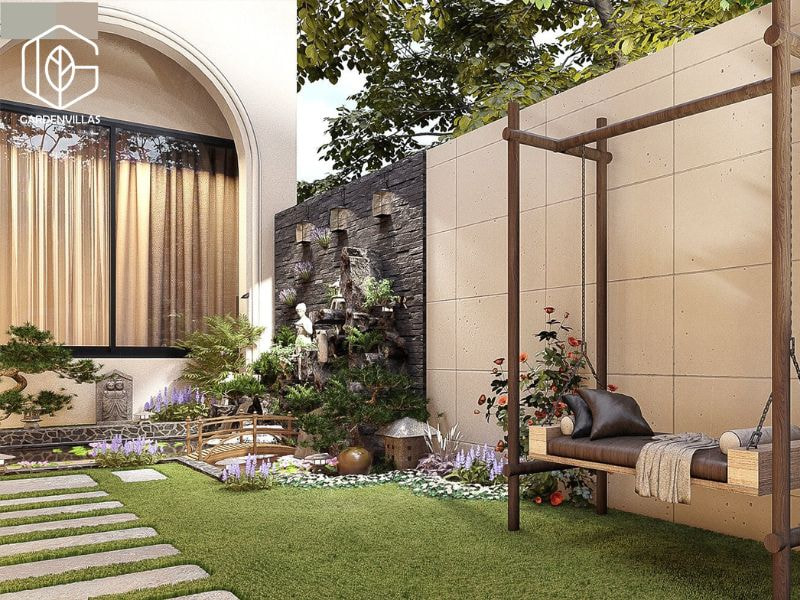 thiết kế nhà vườn 2 tầng hình chữ l