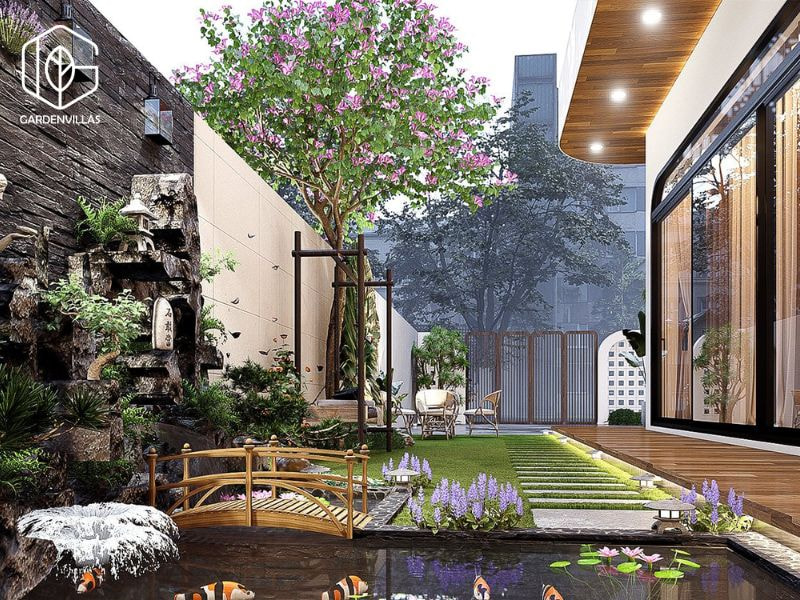 thiết kế nhà vườn 2 tầng hình chữ l