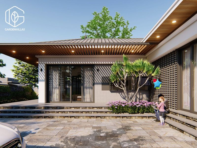 thiết kế nhà vườn 2 tầng hình chữ l