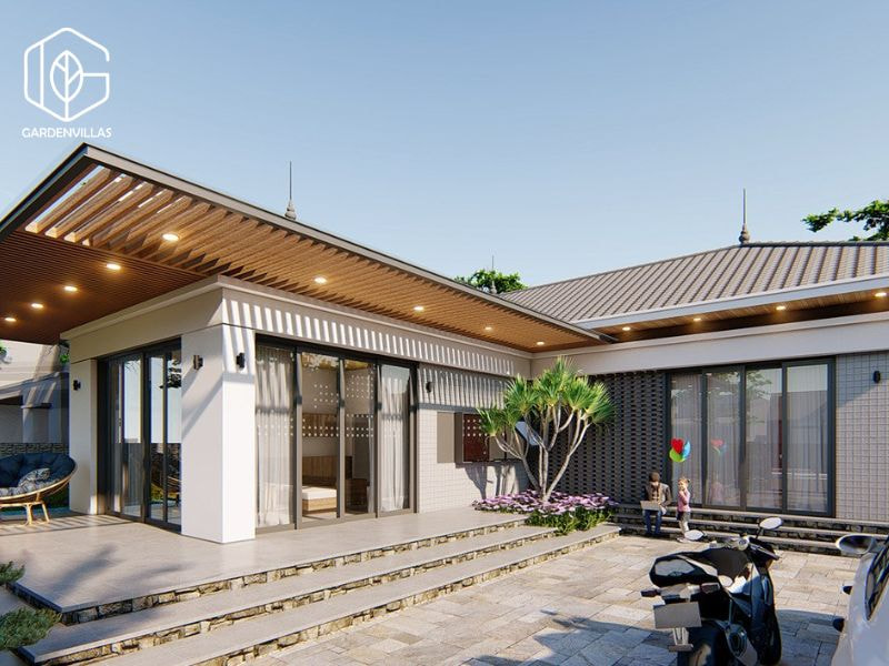 thiết kế nhà vườn 2 tầng hình chữ l