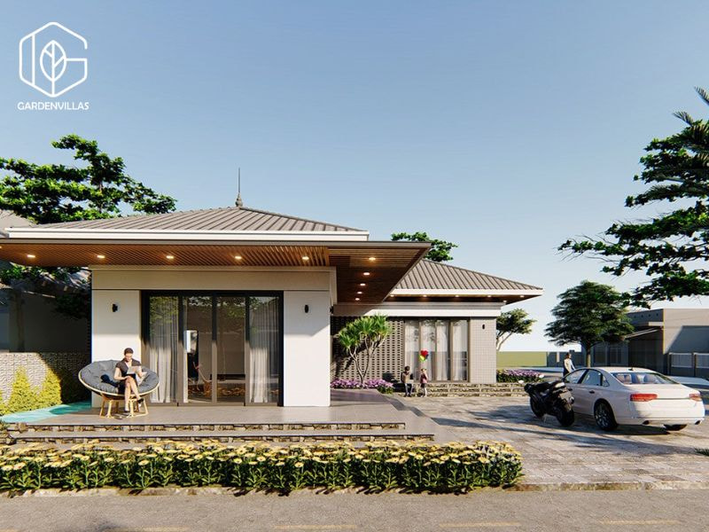 thiết kế nhà vườn 2 tầng hình chữ l