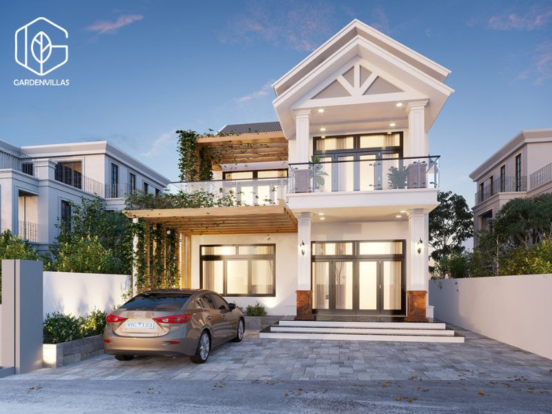 thiết kế nhà vườn 2 tầng hình chữ l