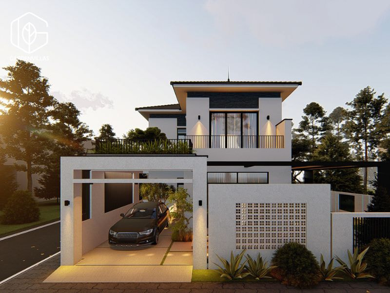 thiết kế nhà vườn 2 tầng hình chữ l