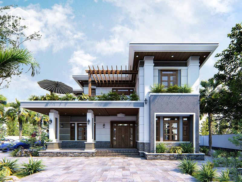 thiết kế nhà vườn 2 tầng hình chữ l