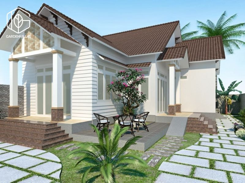 thiết kế nhà vườn 2 tầng hình chữ l