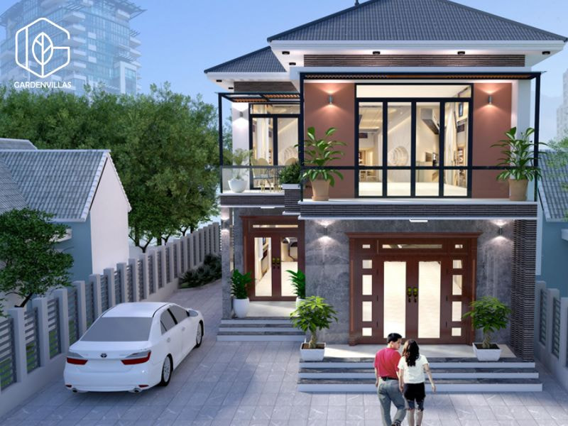 thiết kế nhà vườn 2 tầng hình chữ l