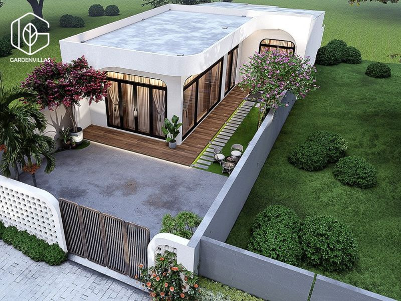 thiết kế nhà vườn 2 tầng hình chữ l